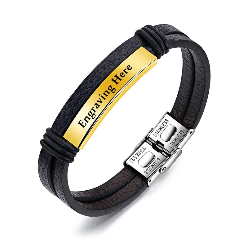 Custom Stainless Steel Bracelet for Men Engraved Name Leather Bangle 3 Colors