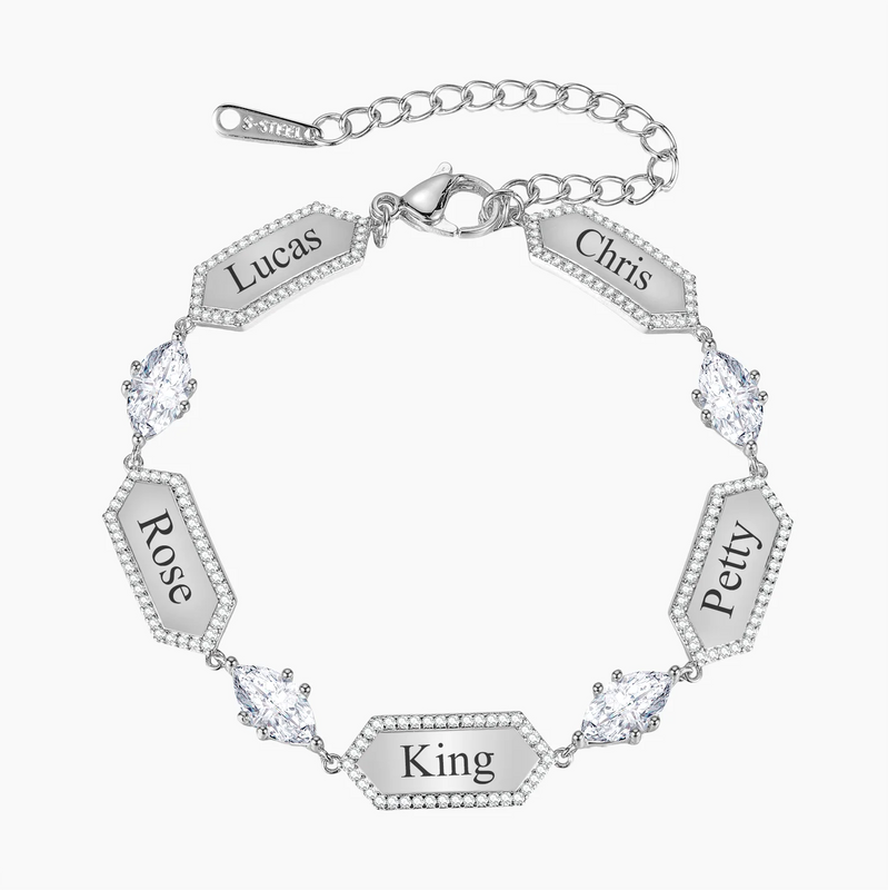Personalized Diamond Family Names Bracelet Stainless Steel Engraved Gift