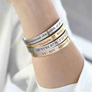 Personalized Engraved Name ID Bangle Cuff Stainless Steel Jewelry