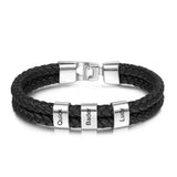 Men's Engraved Name Bracelet with 2 Beads, Double Leather, Stainless Steel