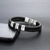 Men's Engraved Name Bracelet with 2 Beads, Double Leather, Stainless Steel