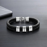Men's Engraved Name Bracelet with 2 Beads, Double Leather, Stainless Steel