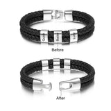 Men's Engraved Name Bracelet with 2 Beads, Double Leather, Stainless Steel