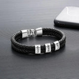 Men's Engraved Name Bracelet with 2 Beads, Double Leather, Stainless Steel