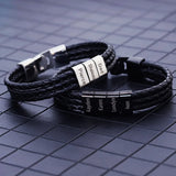Engraved Name Bracelet for Men, 2 Beads, Three Braided Leather