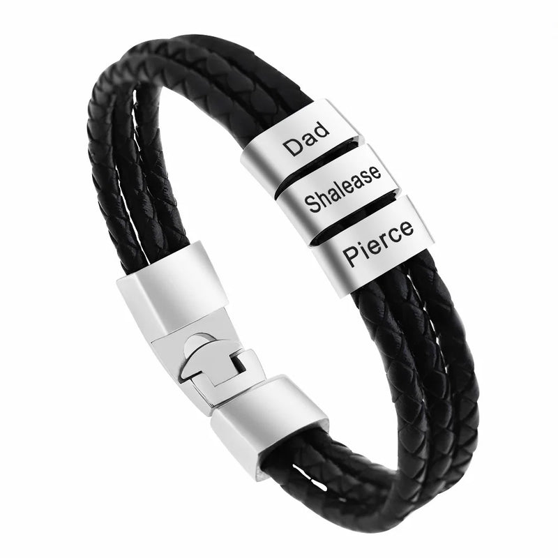 Engraved Name Bracelet for Men, 2 Beads, Three Braided Leather
