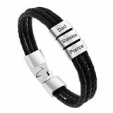 Engraved Name Bracelet for Men, 2 Beads, Three Braided Leather