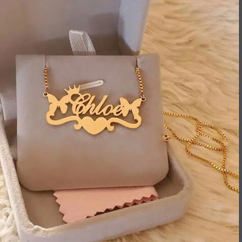Custom Butterfly Crown Heart Name Necklace Women Jewelry BFF Gift