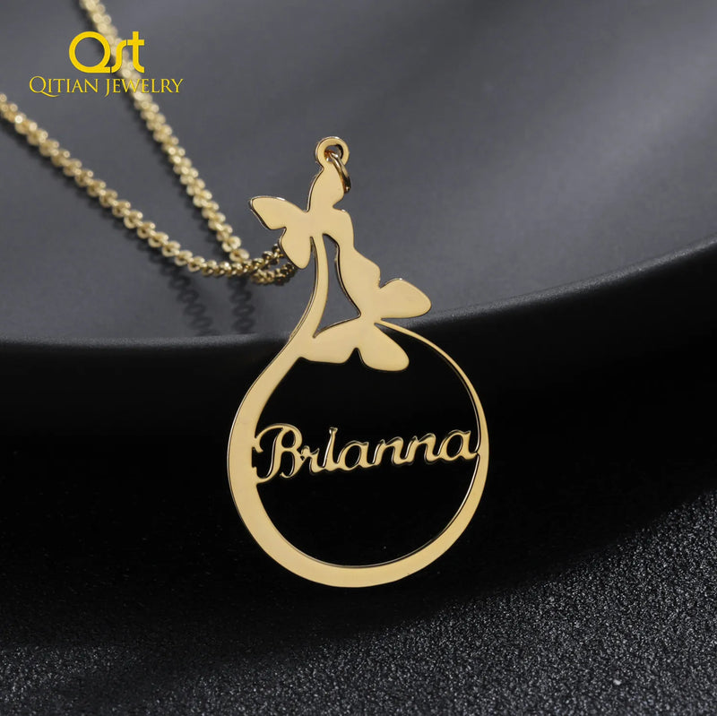 Personalized Butterfly Name Necklace Stainless Steel Round Jewelry Women