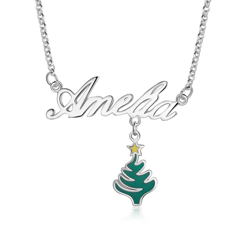Personalized Christmas Tree Nameplate Necklace Snowflake Pendant Xmas