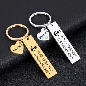 Personalized Coordinates Keychain, Custom Name Keyring