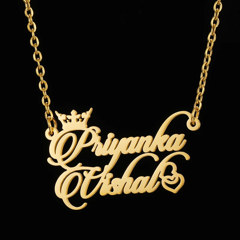 Personalized Couple Double Names Necklace Crown Heart Pendant