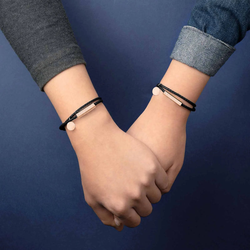 Personalized Couple Leather Bracelet with Stainless Steel Bar