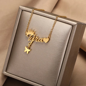 Personalized Crown Name Necklace with Butterfly Heart Pendant