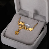 Personalized Crown Name Necklace with Butterfly Heart Pendant