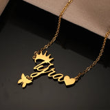 Personalized Crown Name Necklace with Butterfly Heart Pendant