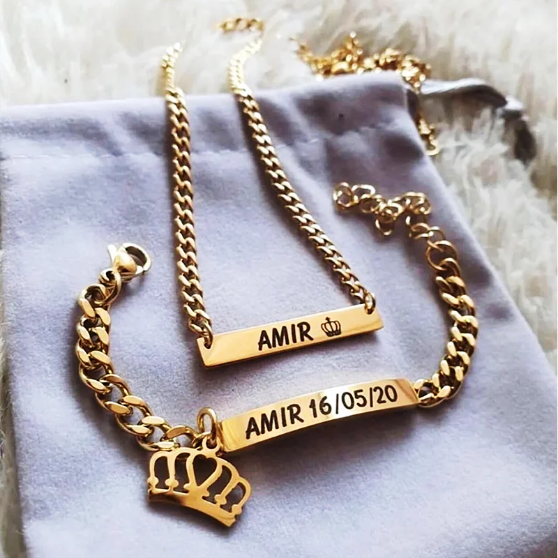 Personalized Crown Name Necklace Bracelet Set