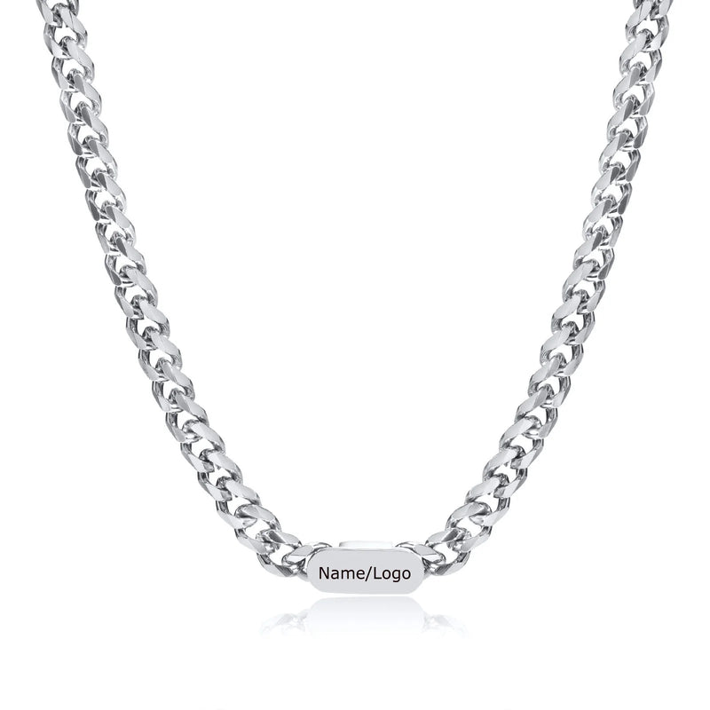 Custom Cuban Chain Necklace, Engraved Logo Name Bar Necklace