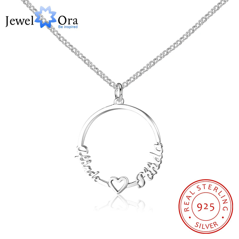 Personalized 2 Names 925 Silver Circle Necklace with Heart (JewelOra NE101616)