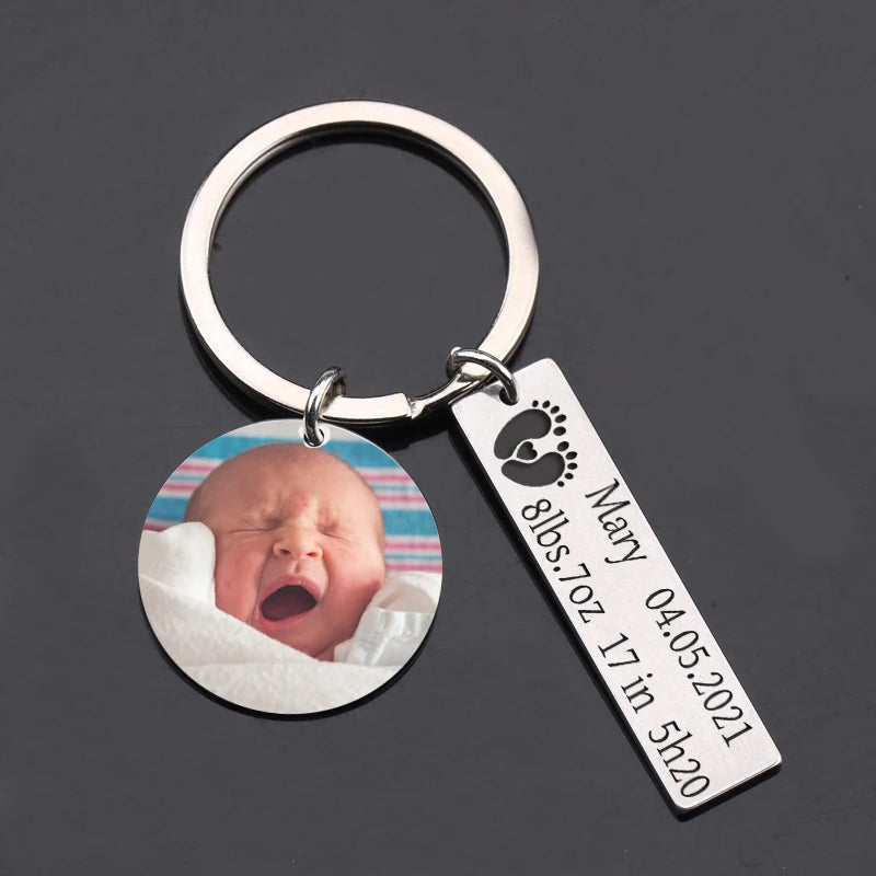 Custom Baby Name Birth Stats Photo Keychain - Stainless Steel