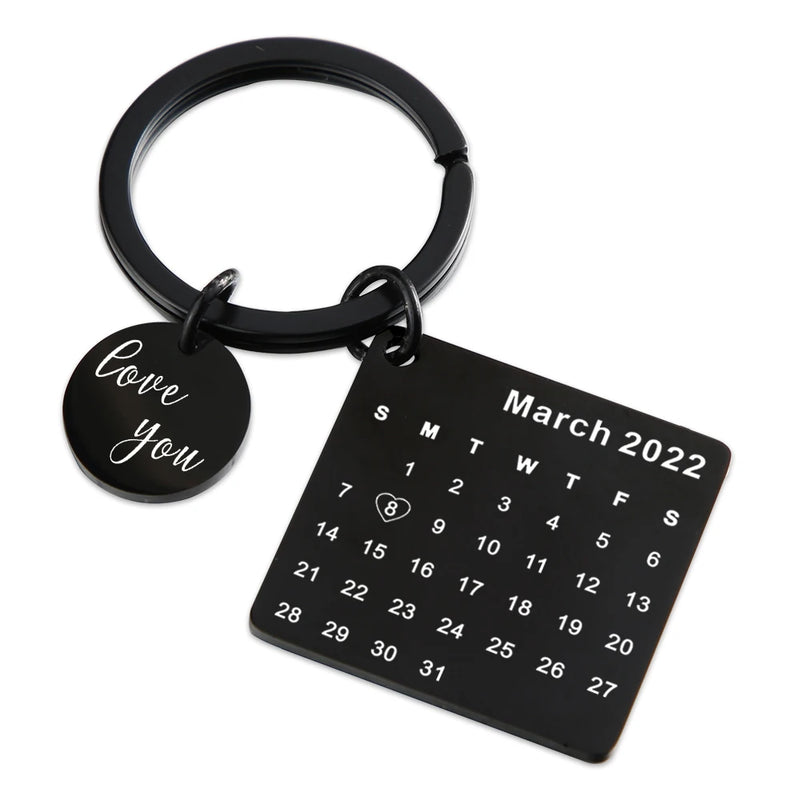 Personalized Calendar Keychain,Engraved Steel Keyring,Wedding Anniversary