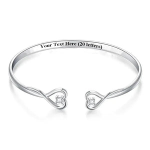 Personalized Crystal Double Heart Bowknot Bracelet Engraved Cuff Bangle