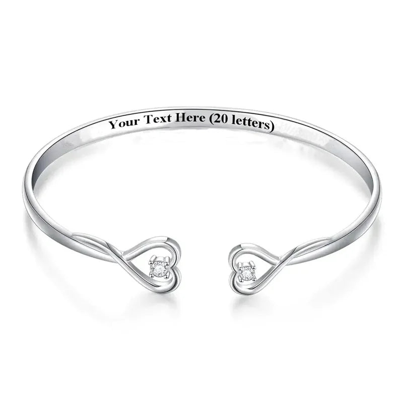 Personalized Crystal Double Heart Bowknot Bracelet Engraved Cuff Bangle