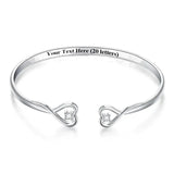 Personalized Crystal Double Heart Bowknot Bracelet Engraved Cuff Bangle
