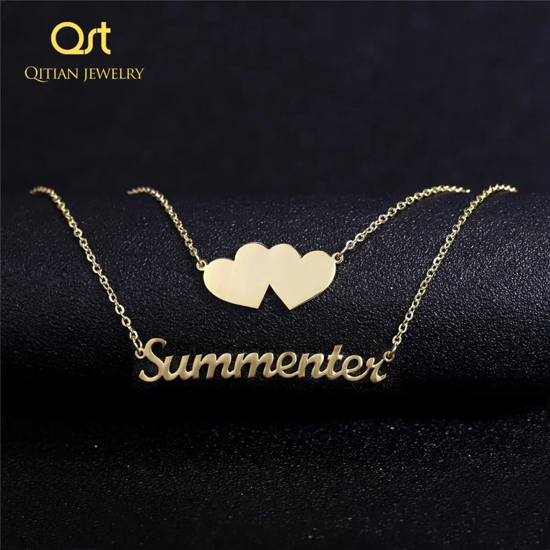 Custom Double Layered Name Necklace Double Heart Pendant