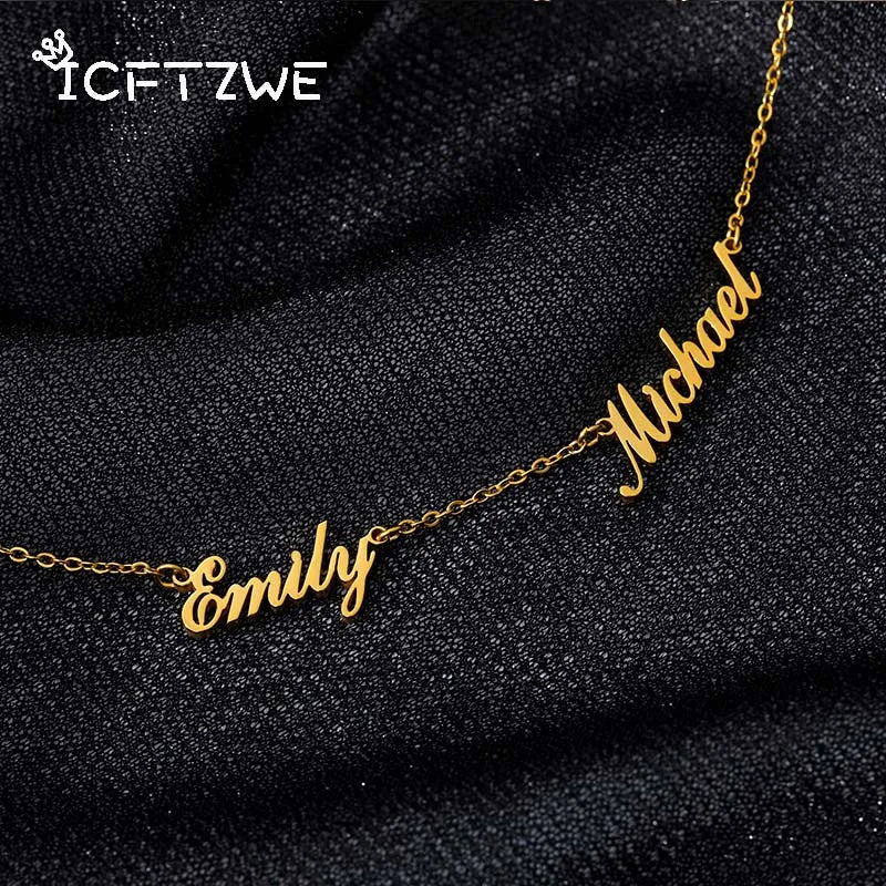 Custom Double Names Necklace Stainless Steel Handwriting Nameplate