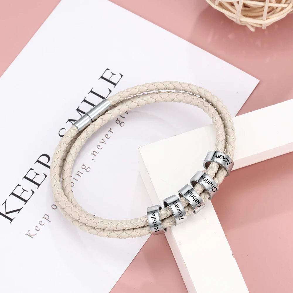 Personalized Engraved Bracelet with 5 Name Beads Stainless Steel Unisex