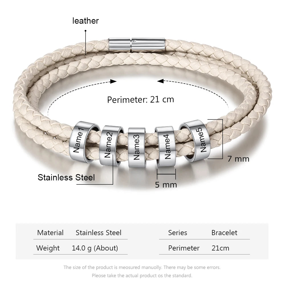 Personalized Engraved Bracelet with 5 Name Beads Stainless Steel Unisex