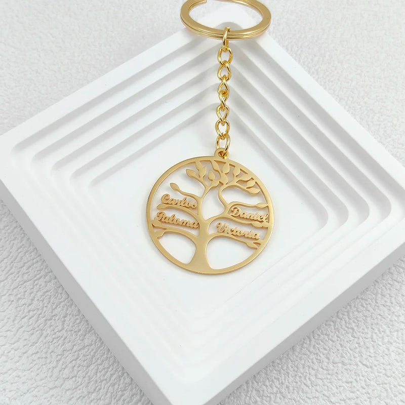 Personalized Family Member Names Keychain Stainless Steel Tree of Life Pendant