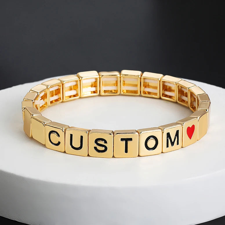 Custom Name Bracelet Metal Square Bead Letter Bracelets for Women