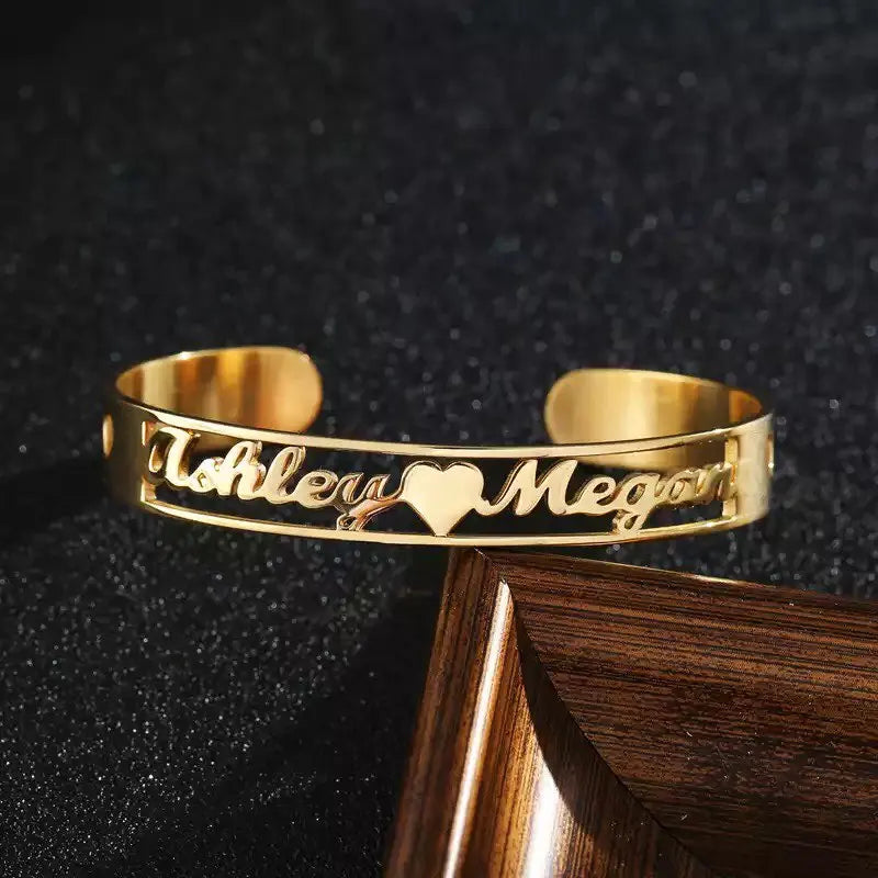 Personalized Name Cuff ID Nameplate Bangle Stainless Steel Heart Bracelet