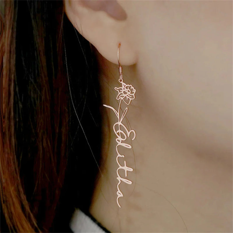 Personalized Name Earrings Twelve Birth Flowers Stainless Steel Jewelry