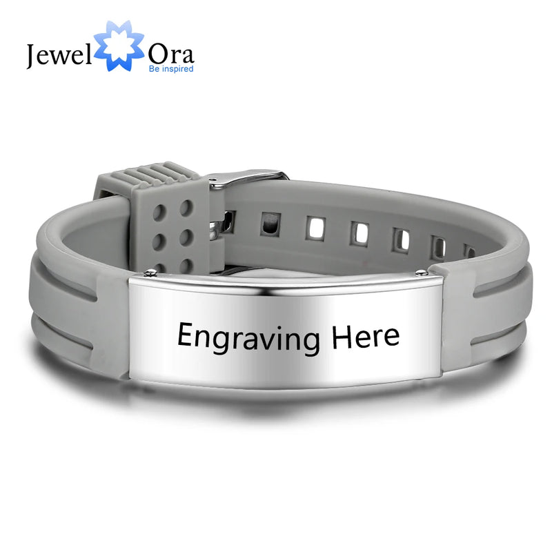 Personalized Engrave Bracelet Bangle Women Silicone ID Stainless Steel Men