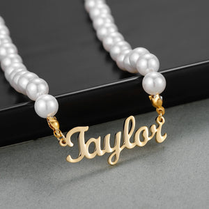 Custom Name Pearl Necklace, Stainless Steel Pendant for Mom Daughter