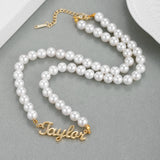 Custom Name Pearl Necklace, Stainless Steel Pendant for Mom Daughter
