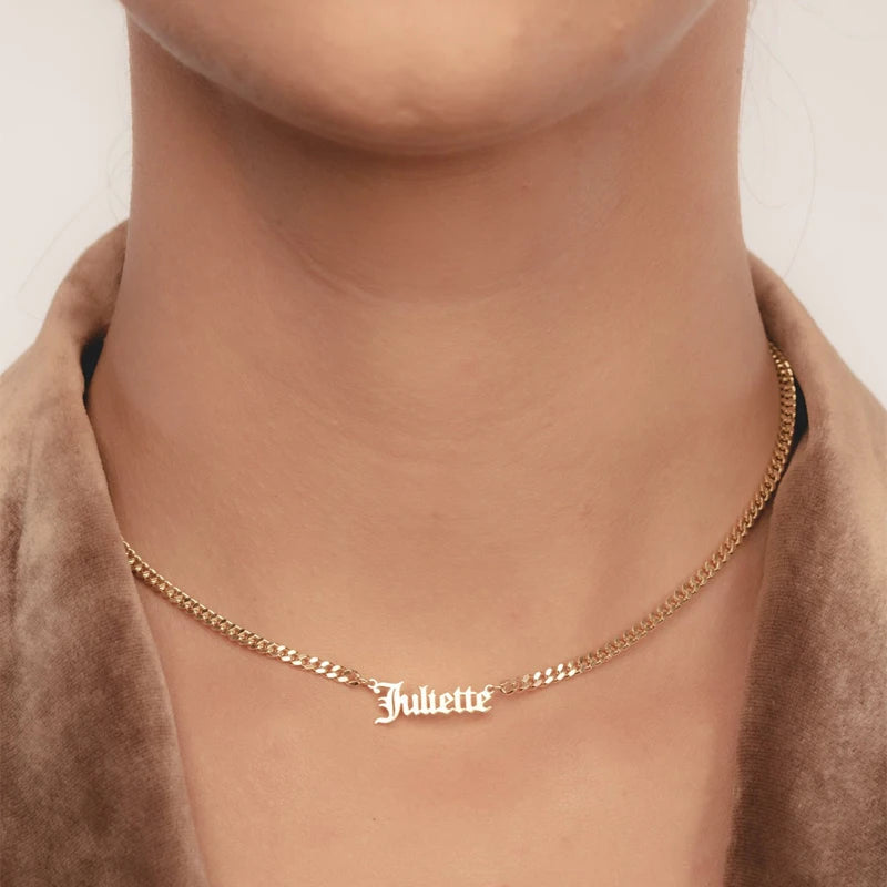 Custom Name Necklace with 4mm Cuban Chain - Personalized Nameplate Necklaces