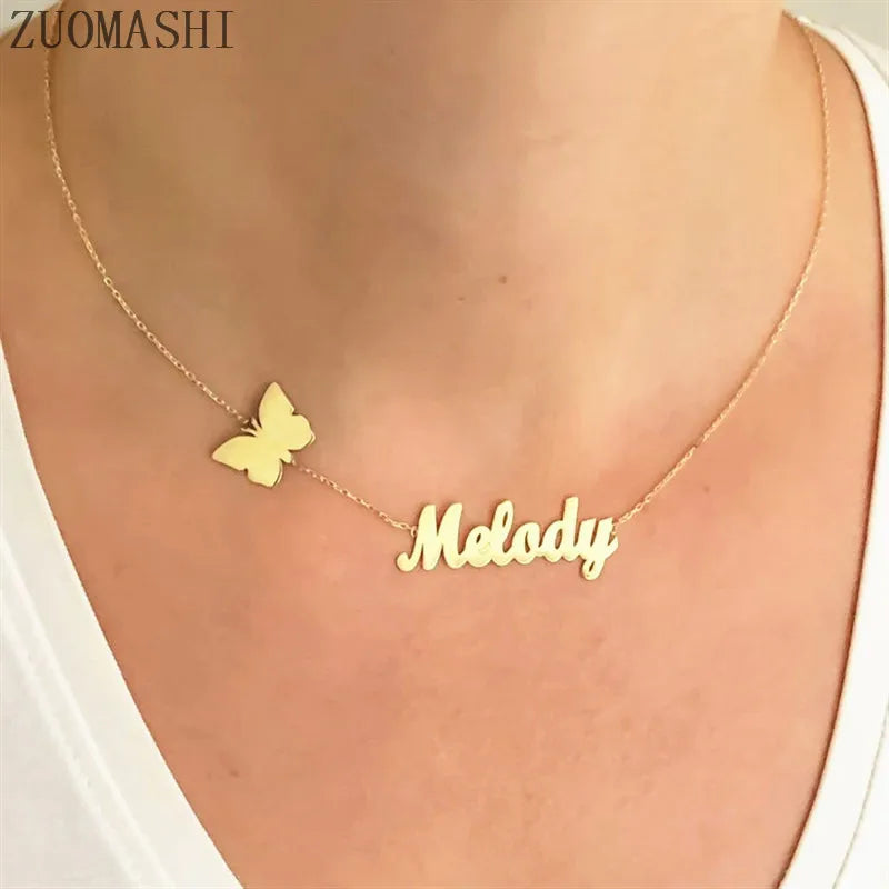 Butterfly Name Necklace For Women Tiny Nameplate Jewelry Gift