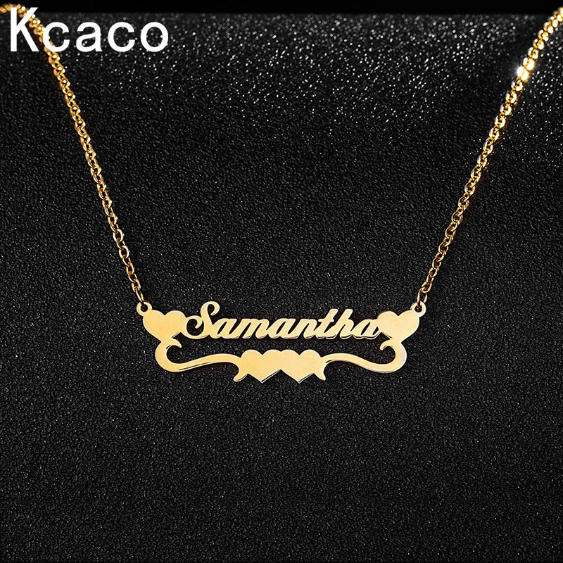 Personalized Name Necklace Women Heart Stainless Steel Double Chain Pendant