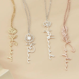 Personalized Name Pendant Necklace With Birth Flower Stainless Choker Chain