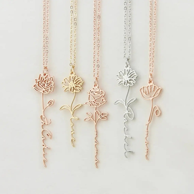 Personalized Name Pendant Necklace With Birth Flower Stainless Choker Chain