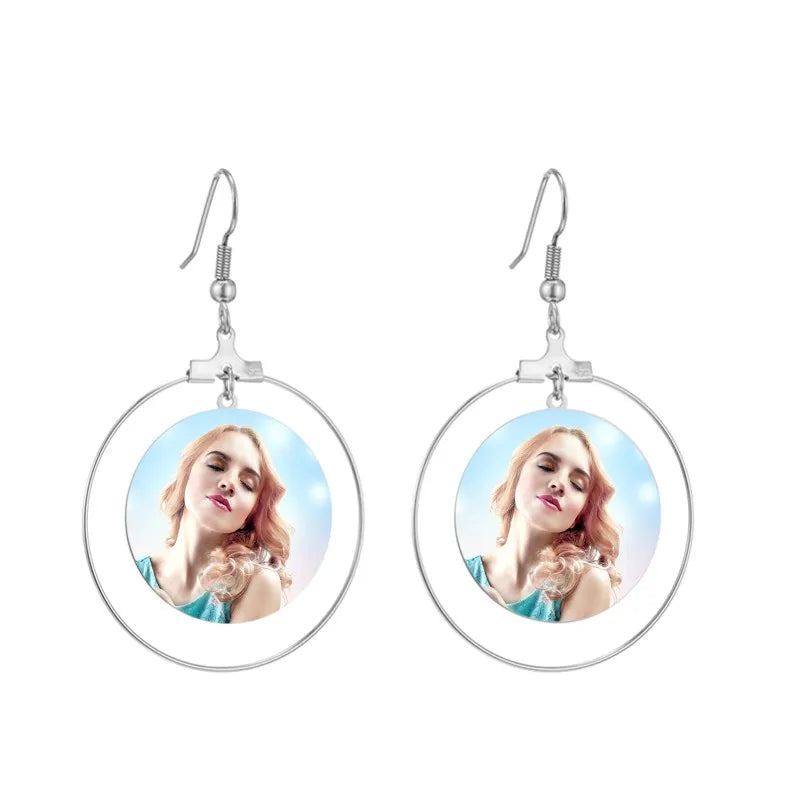 Personalized Photo Earrings Engrave Nameplate Text Dangle Circle Women Jewelry