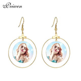 Personalized Photo Earrings Engrave Nameplate Text Dangle Circle Women Jewelry