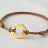 Engraved Round Stainless Steel Silver Bracelet Leather R
