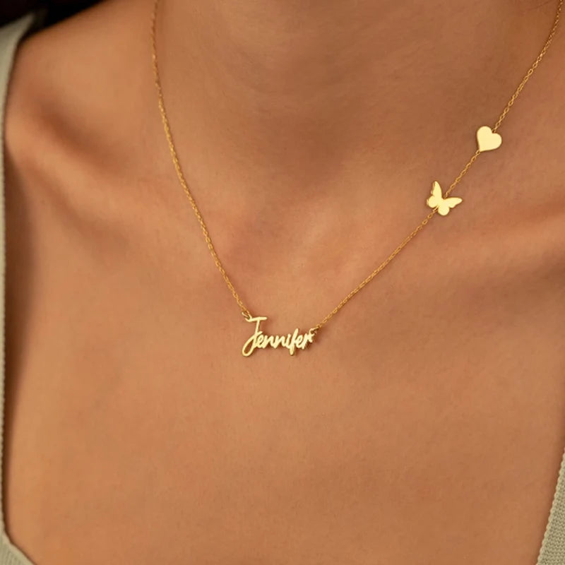 Custom Butterfly Name Necklaces Heart Shape Stainless Steel Letter Choker