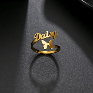 Personalized Butterfly Name Stainless Steel Rings Adjustable Size Wedding Rings