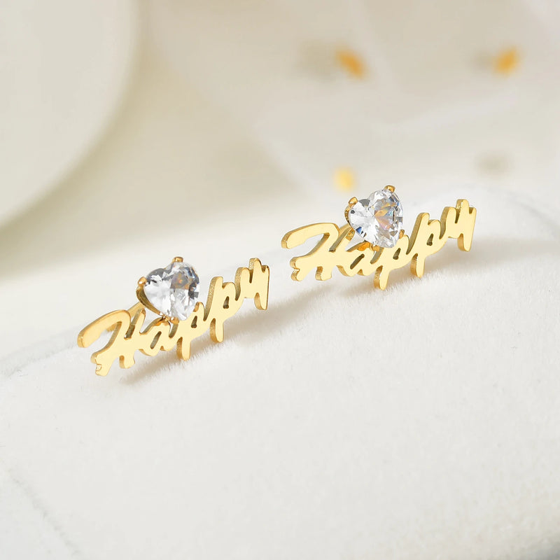 Personalized CZ Heart Stone Studs Earrings Crystal Stainless